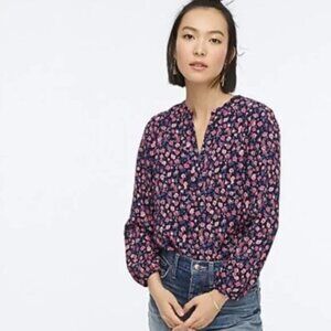 J. Crew Open V-Neck Top in Dotted Pink Navy Floral - Medium